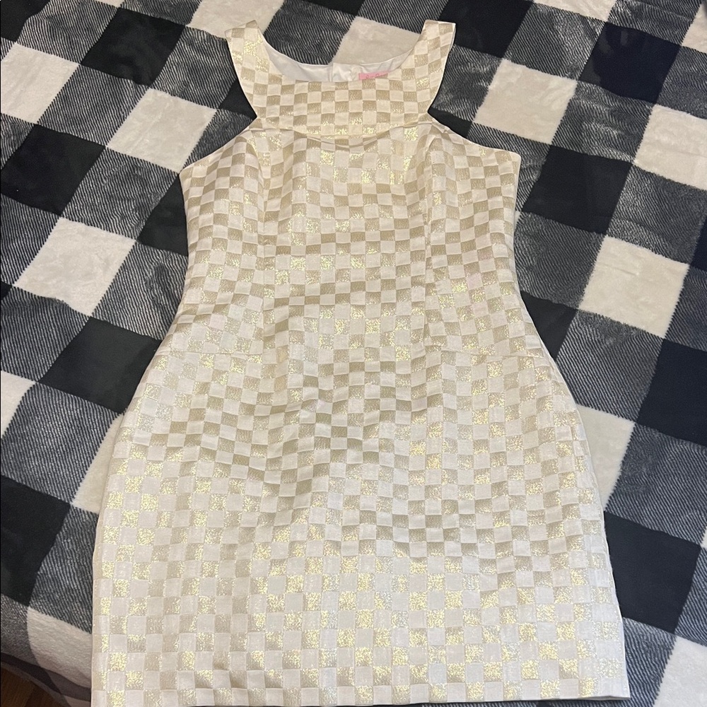 Lilly Pulitzer Chic Cream and Gold Checkered Mini Dress size 2 EUC